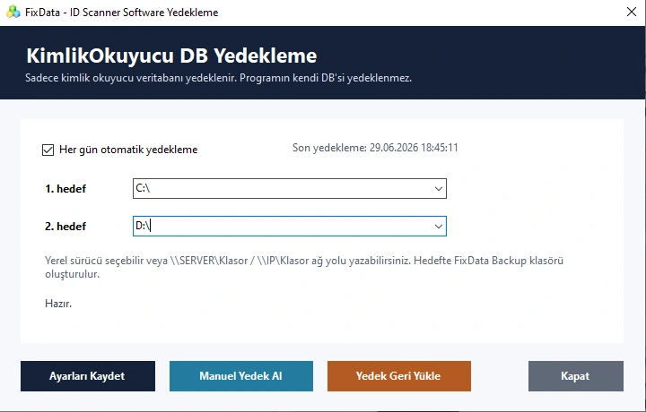 DB yedekleme ekranı